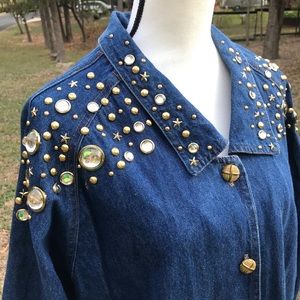 Vintage 80s bedazzled rhinestone denim duster coat
